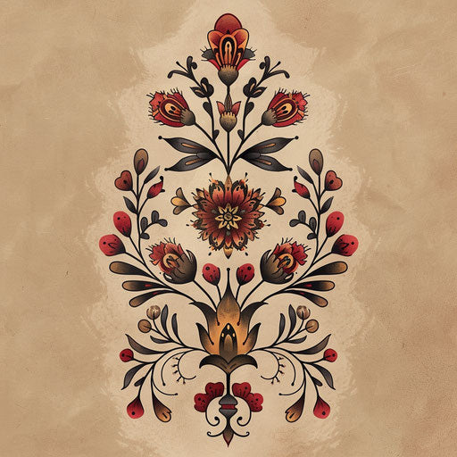 Tribal wildflower tattoo, bold lines, traditional patterns, earthy tones