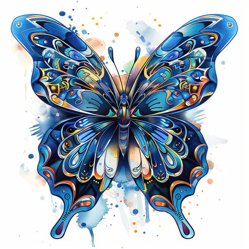 Artistic flat drawing of a blue butterfly with abstract patterns and bright colors