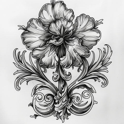 Art nouveau style tattoo sketch of a black clover intertwined with flowing floral designs