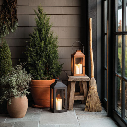 Lush porch with lanterns and enchanting details