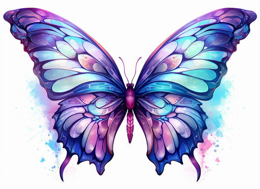 Blue butterfly with wings on white background, dark purple