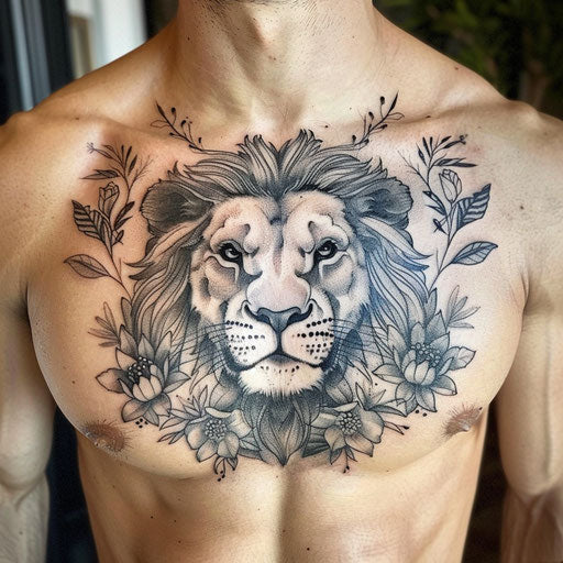 Lion tattoos for men with botanical details