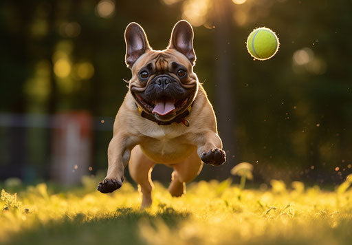 Joyful French bulldog playing with tennis ball