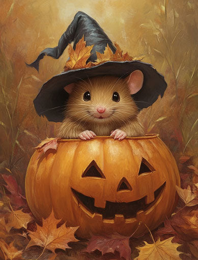 Cute brown mouse on pumpkin with witch hat, Halloween theme