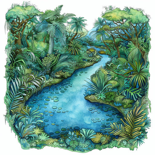 Serene tattoo sketch of a jungle river