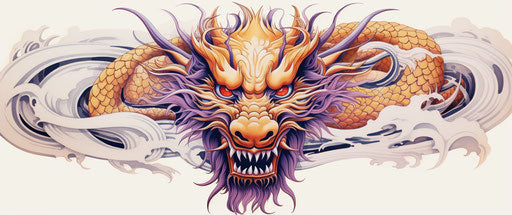 Chinese dragon with purple eyes and yellow, woodcut style