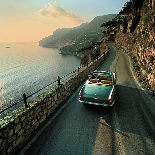 1966 Volvo P1800 convertible cruising Italian coast.