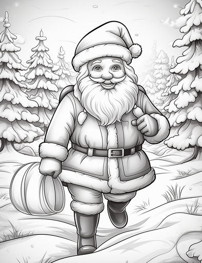 Santa Claus in winter outfit coloring page, in animated exuberance style