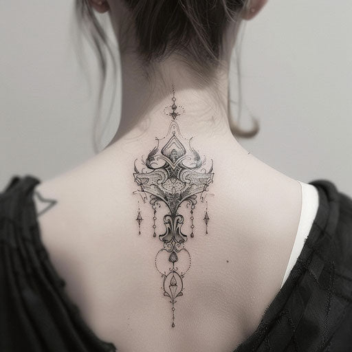 Female neck tattoos with mystical themes, David Palumbo style