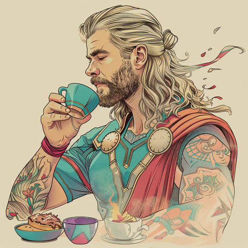 Playful tattoo sketch of Thor sipping coffee