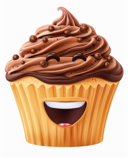 Cupcake emoji with chocolate frosting smiling, white background