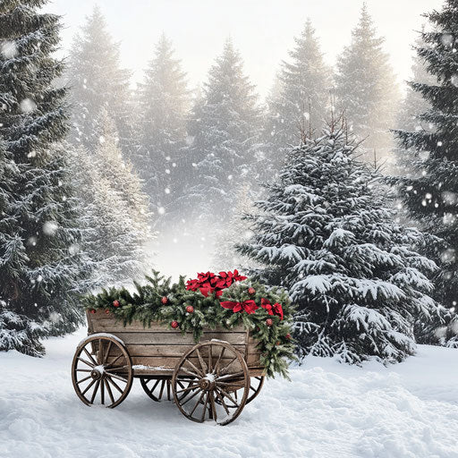Winter wonderland with a wooden wagon decorated for Christmas in a snowy forest.