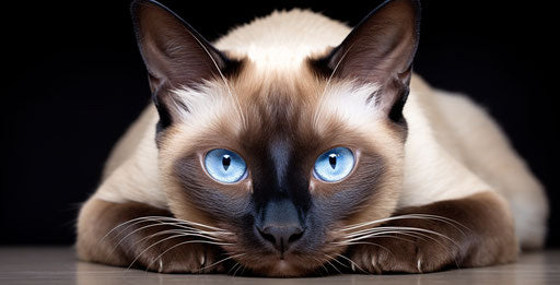Siamese cat with blue eyes on white background, dark maroon and beige style