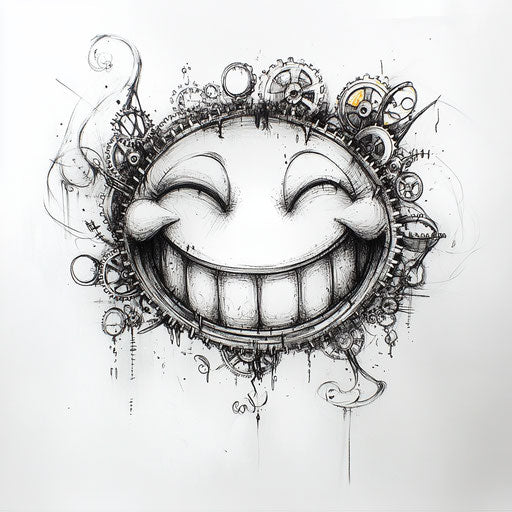 Flat tattoo sketch of smiley face with steampunk elements