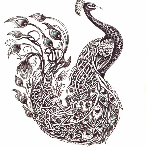 Celtic knotwork peacock tattoo, intertwining traditional patterns