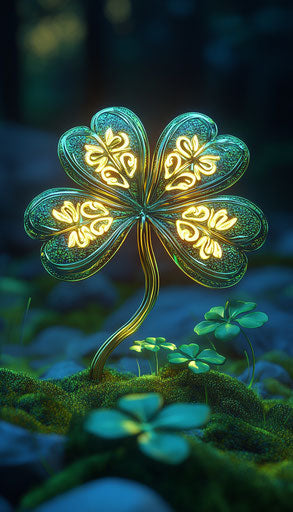 Shiny golden and green shamrock with glowing Irish designs
