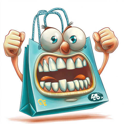 Humorous caricature of a shopping bag with human characteristics