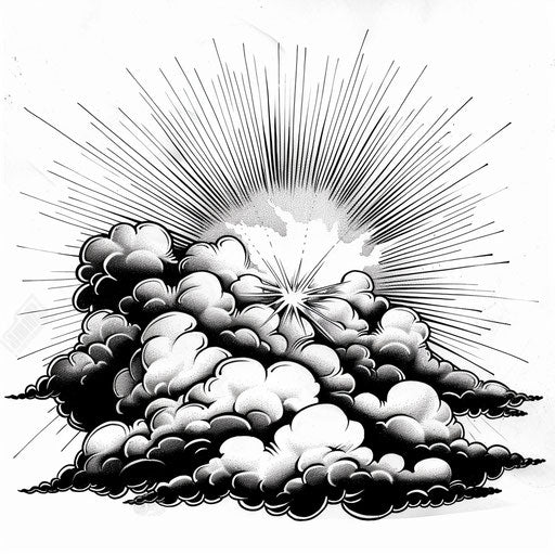 Cloud tattoo with sunbeams on white background