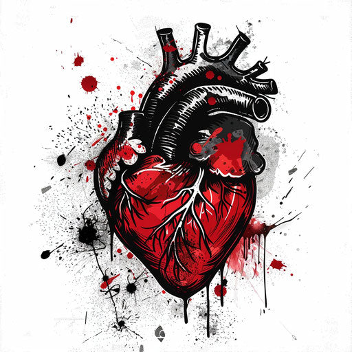 Anatomical heart tattoo with ink splatter effects