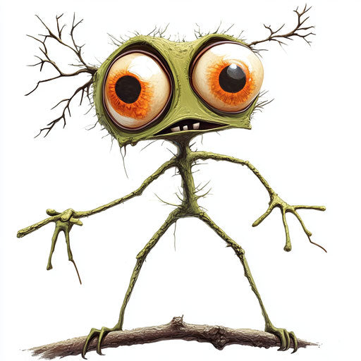 Humorous caricature of a branch caricature clipart with human characteristics, exaggerated big eyes, thin legs, gigantic, vibrant colors, cartoon style, surprised, high-resolution, no background, isolated