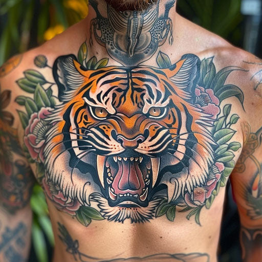 Fierce tiger chest tattoo for a man