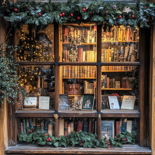 Charming bookstore window display with holiday traditions