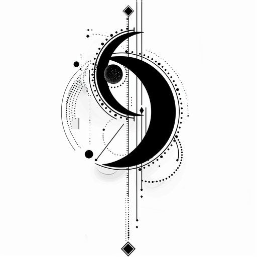 Sleek half moon with geometric accents in bold black and white