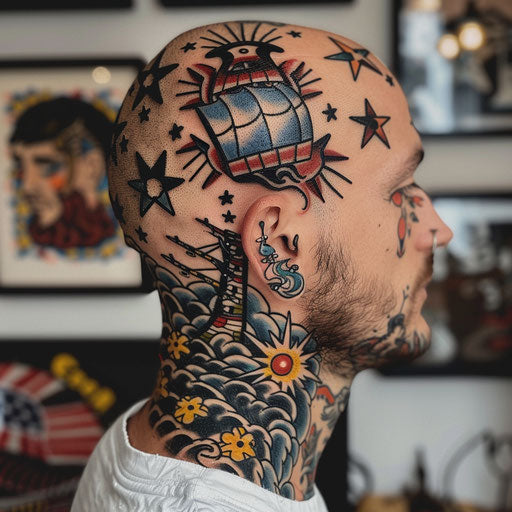 Head tattoos with nautical themes, in the style of Sailor Jerry
