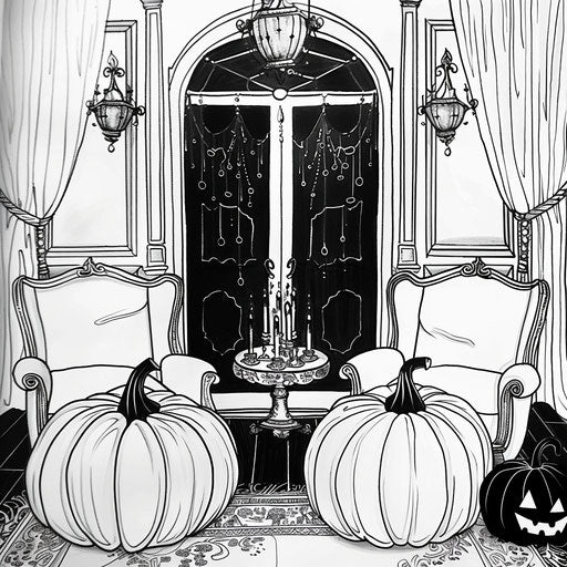 Elegant Halloween party with chic decor in the style of a Megan Hess coloring book page