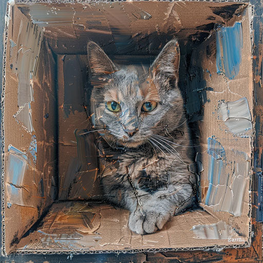 Gray cat in cardboard box, intriguingly taboo style