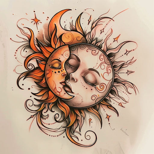 Detailed sketch of a sun with a face and a sleeping moon, pastel shades