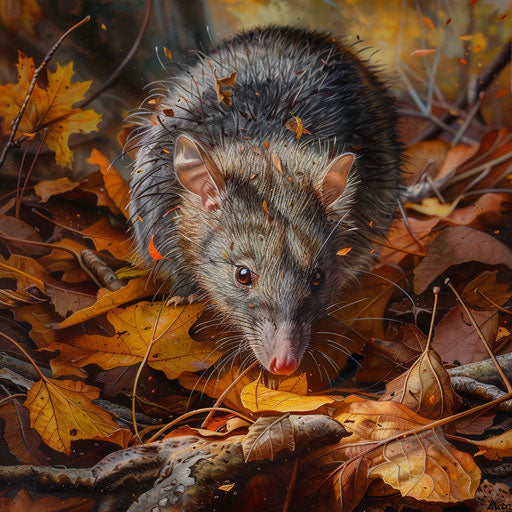 A antechinus foraging on the forest floor, surrounded by autumn leaves.