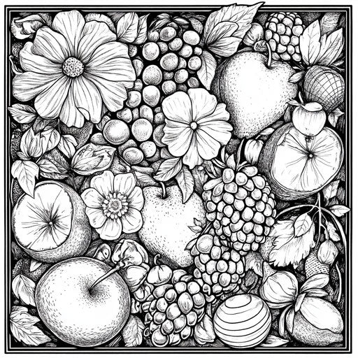 Healthy food with intricate floral patterns and vibrant fruits