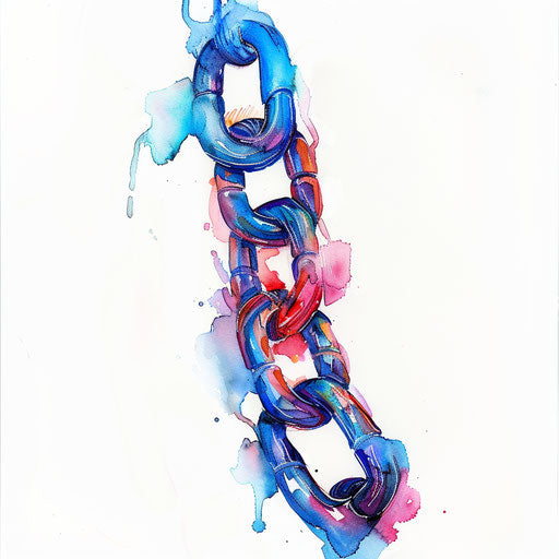 Colorful chain tattoo with blue and red links on white background
