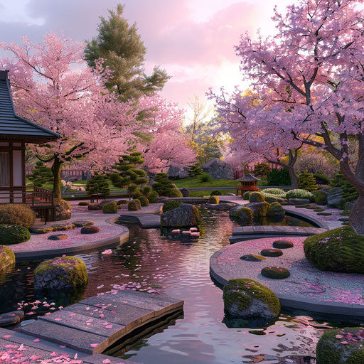 Peaceful Japanese garden with cherry blossoms in full bloom