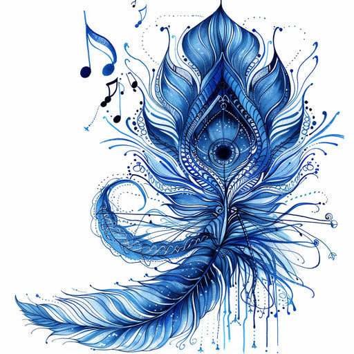 Blue Throat Chakra tattoo design, ethereal feather and sound wave patterns on white background