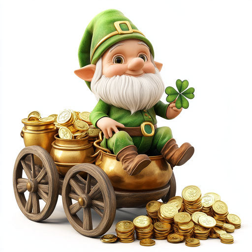 Saint Patrick's Day art with a cute gnome, four-leaf clover, golden coins