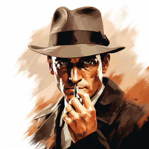 Spy depiction in oil painting style on white background