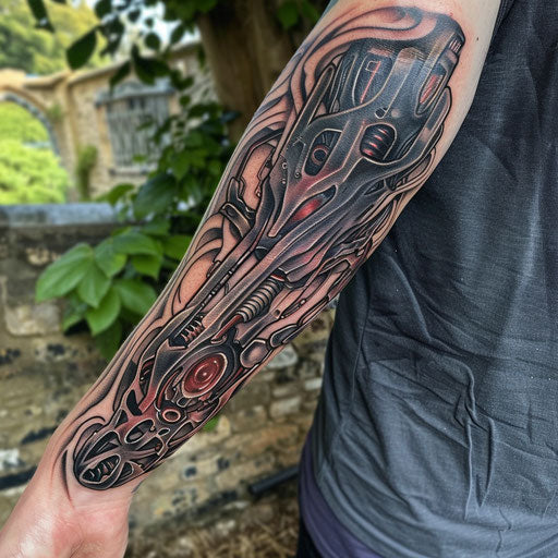 Biomechanical arm tattoo in the style of Guy Aitchison