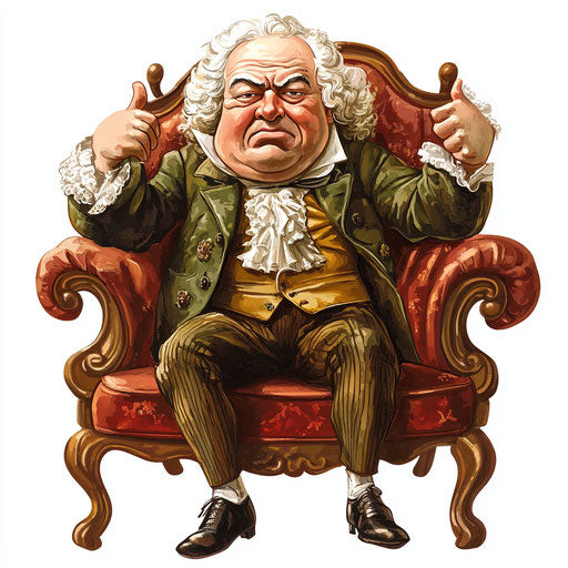Humorous caricature of a J.S. Bach clipart with human characteristics, exaggerated prominent chin, short legs, sitting on a couch, vibrant colors, cartoon style, thumbs down, high-resolution, no background, isolated