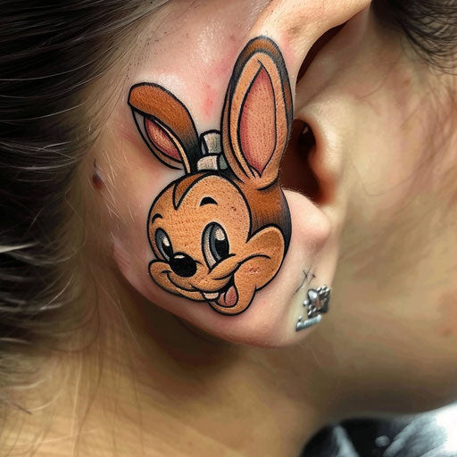 Ear tattoos in Steve Sack's style featuring humorous cartoons