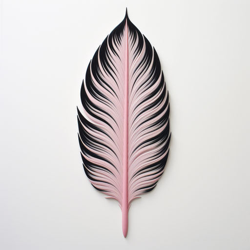 Black feather on white canvas, light silver light pink style, sculptural engraving