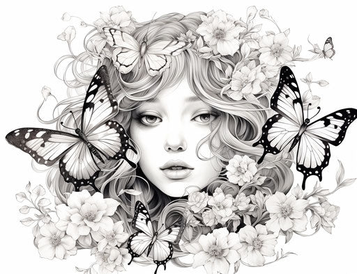 Butterfly flying on flowers, vector image, black and white