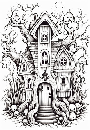 Scary house decoration, Halloween coloring card