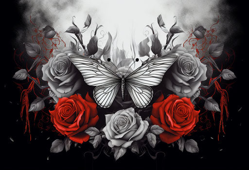 Black and white ornate rose with wings, light gray and red style