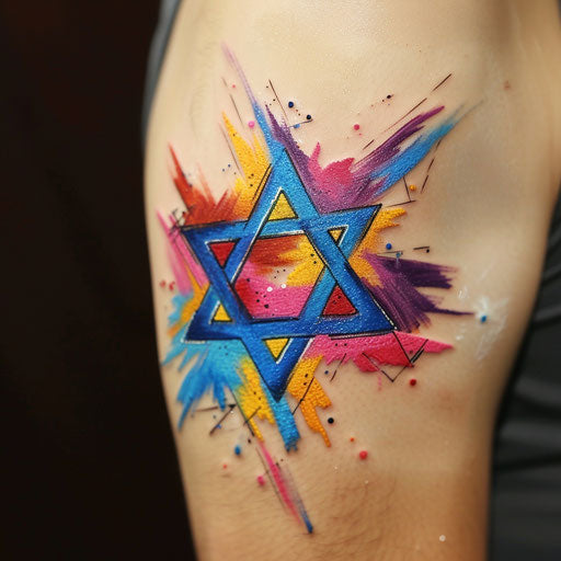 Expressionist tattoo sketch of a Star of David with dynamic brush strokes and vivid colors