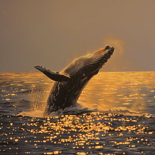 Blue whale breaching at sunset