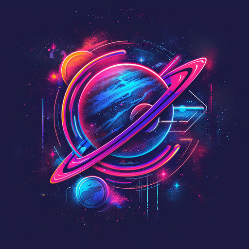 Artistic retro logo with neon colors on dark background, nostalgic vibe