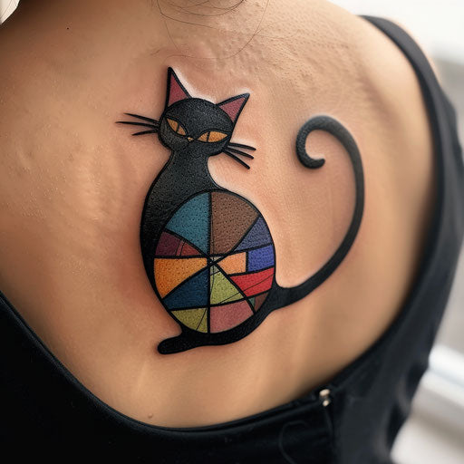 A black cat tattoo in the style of a stained glass window
