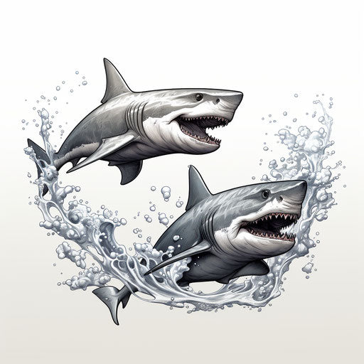 Pair of sharks on white background, bold graphic style